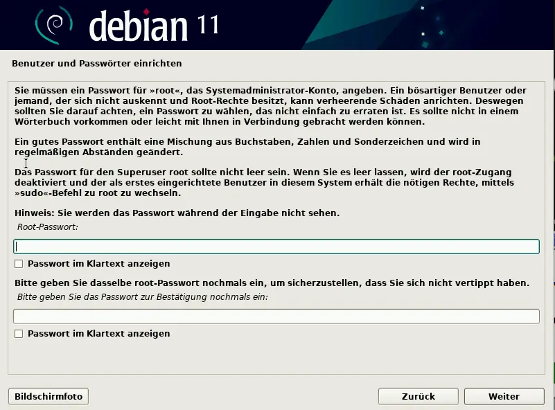 Bild: Eingabezeilen für das Root Passwort mit erklärenden Informationen.