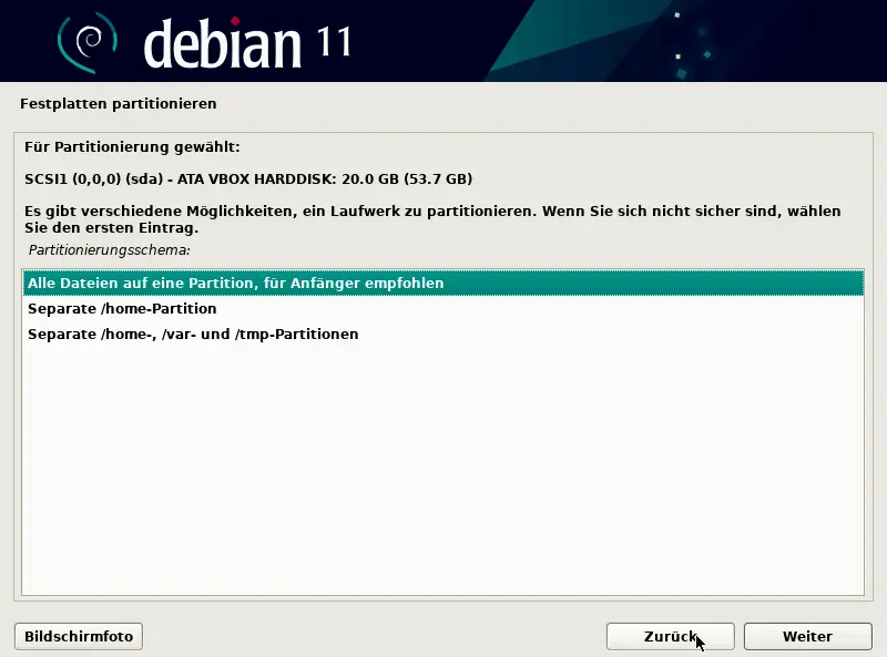 Bild: Liste mit Möglichkkeiten, den freien Speicher zu partitionieren.