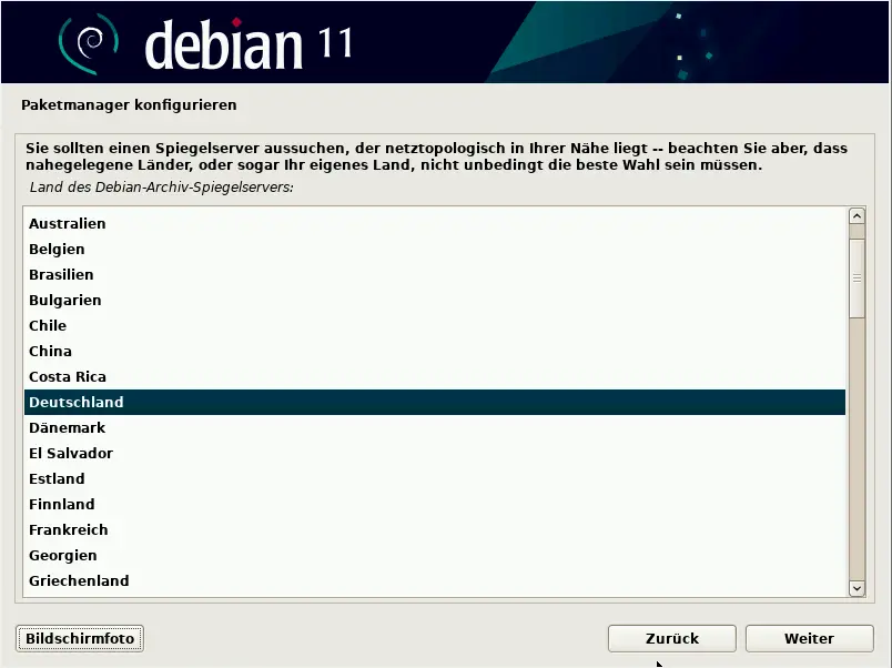 Bild: Auswahlliste mit Ländern für den Spiegelserver.