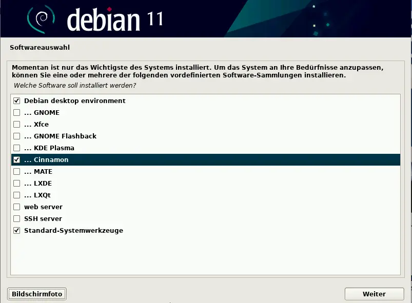 Bild: Liste von Softwarepaketen mit Check Boxen zum ankreutzen.