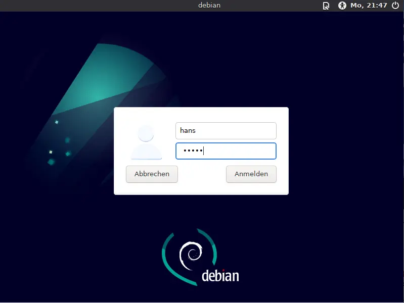 Bild: Der Login Screen von Debian nach der Installation.