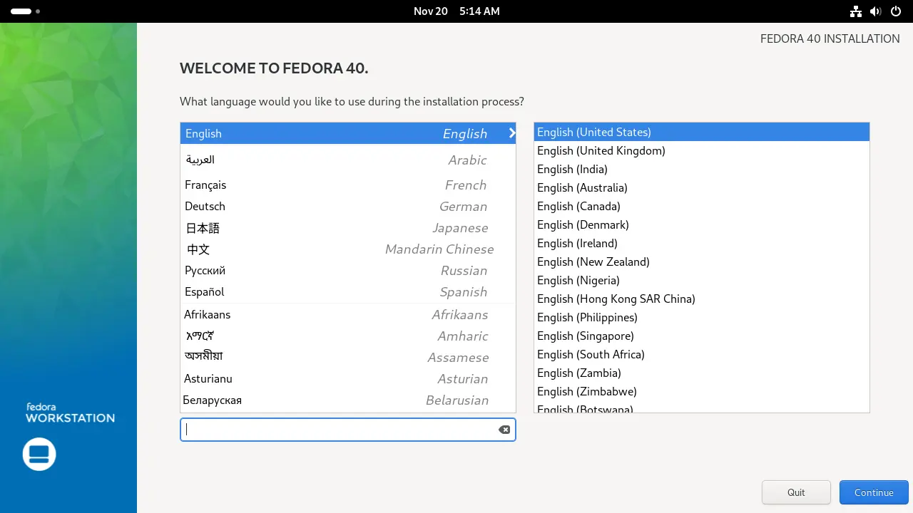Bild: Sprachauswal mit zwei Listenfeldern.