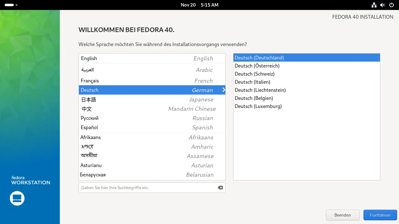 Bild: Sprachauswal mit zwei Listenfeldern.