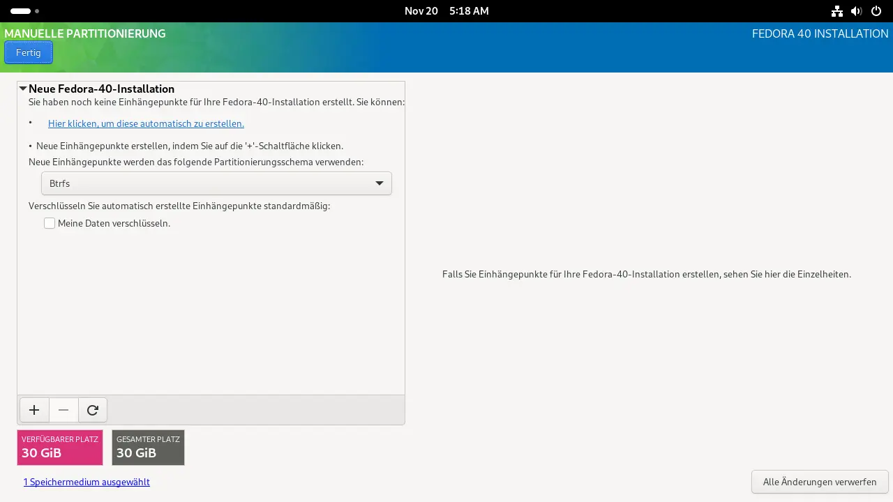 Bild: Maske zum Ändern von Partitionsschema und Anlegen von Einhängepunkten