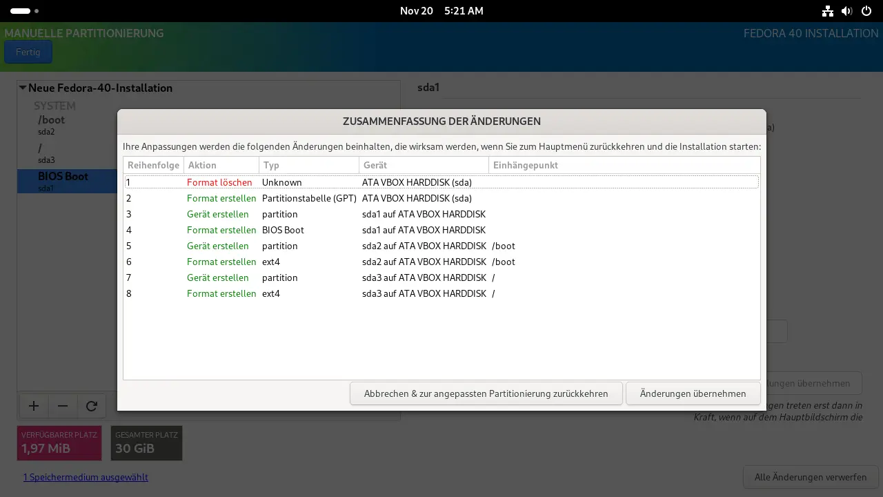Bild: Liste mit geplanten Änderungen und Button für Bestätigung