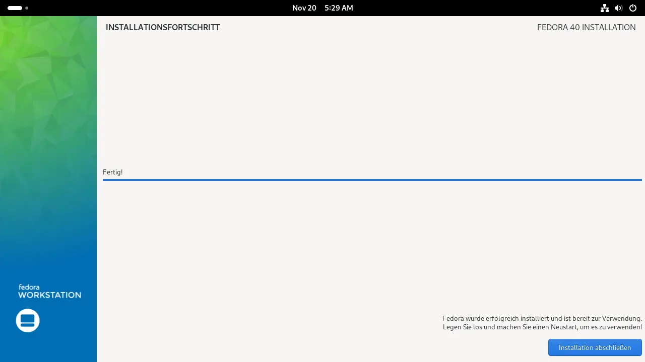 Bild: Fortschrittsbalken 100% und Aufforderung zu beenden