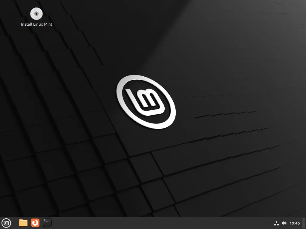 Bild: Linux Mint gestartet mit dickem Install Button.