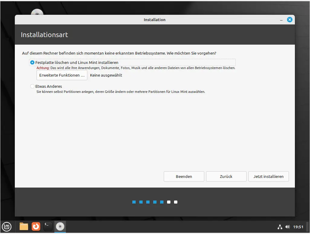Bild: Installationsart bei leerem Computer: Auswahl ganze Platte oder manuell.