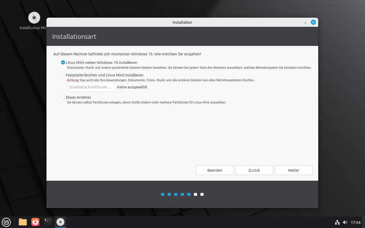 Bild: Art der Installation bestimmen: Mit Windows, ganze Festplatte, etwas anders.