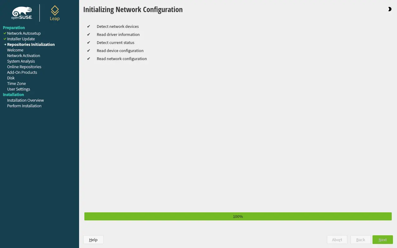 Bild: openSUSE Anzeige Netzwerk initialisieren.
