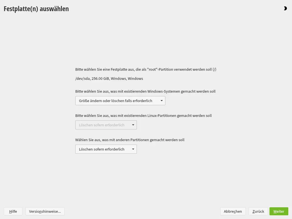 Bild: Geführtes Setup Fragen zu existiereden Partitionen.