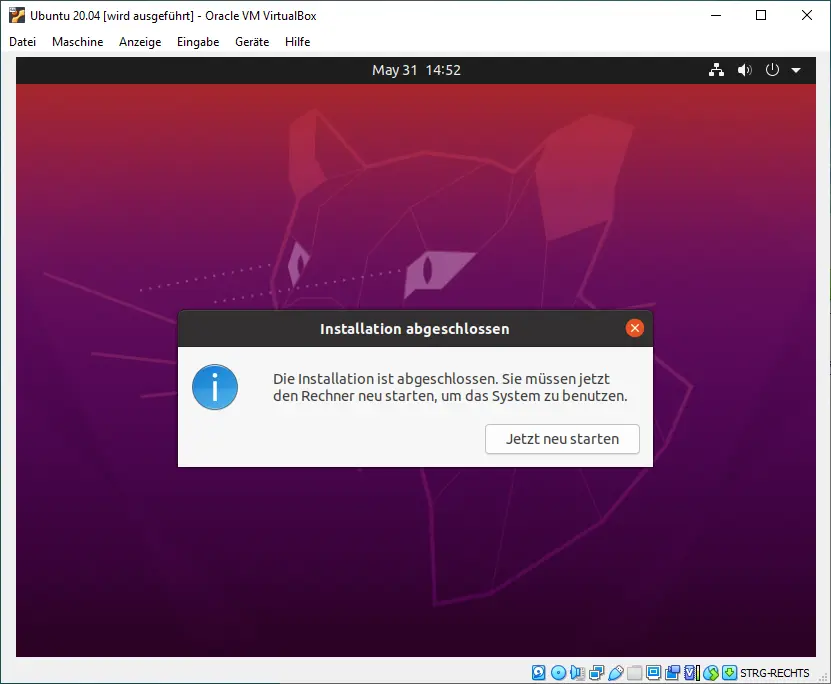 Bild: Ende der Installation und Reebot Knopf.