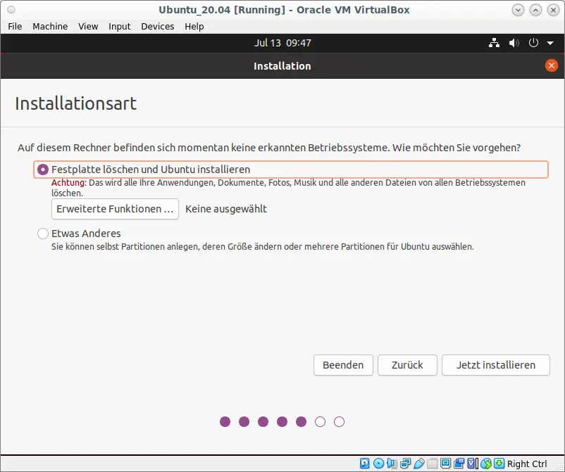 Bild: Installationsart bei leerem Computer: Auswahl ganze Platte oder manuell.