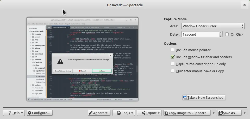 Bild: KDE Spectacle nach der Aufnahme des Fensters unterm Cursor.