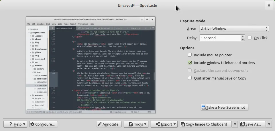 Bild: KDE Spectacle nach der Aufnahme des aktiven Fensters.