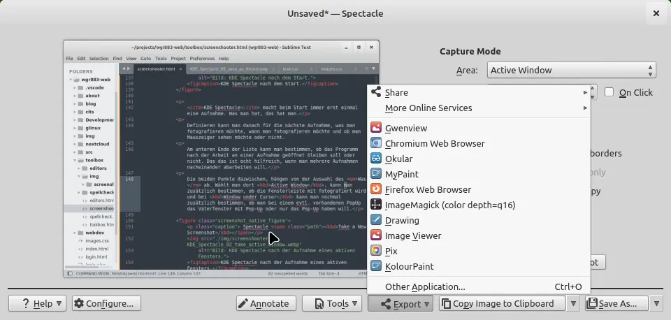 Bild: KDE Spectacle Exportmöglichkeiten.