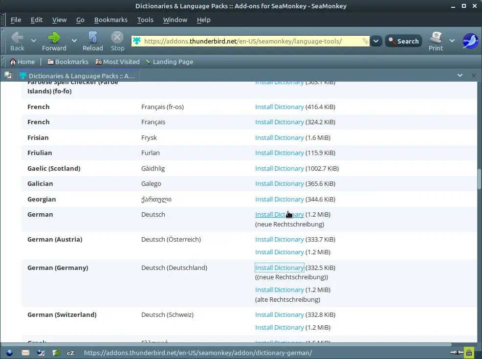 Screenshot SeaMonkey: Wörterbücher zum Herunterladen