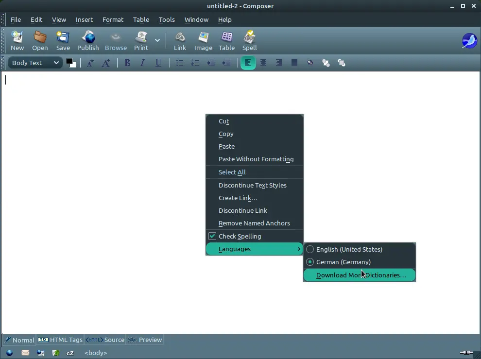 Screenshot SeaMonkey: Start neues Wörterbuch