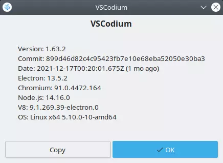 Screenshot: VSCodium Über VSCodium