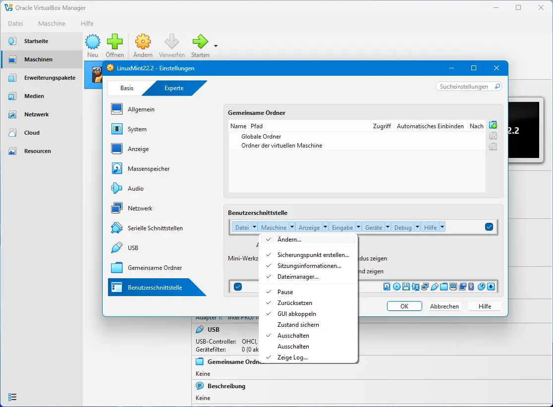 Bild: Das gleiche Bild mit aufgeklapptem Maschine Menü.