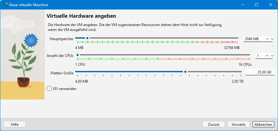 Bild: Schieberegler für Hauptspeicher, Prozessoren und Plattengröße.