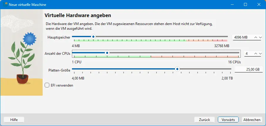 Bild: Hauptspeicher, Prozessoren und Plattengröße angepasst für LinuxMint.