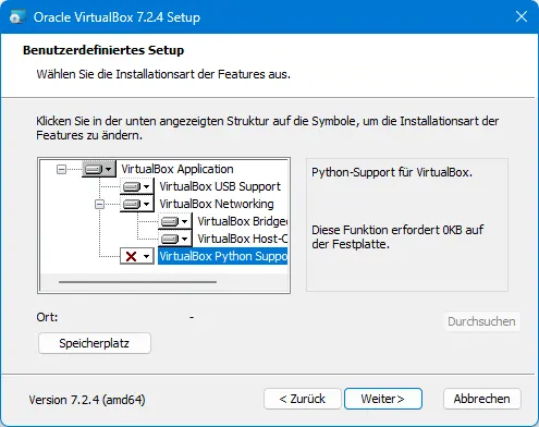 Bild: Auswahl Komponenten. Python abwählen.