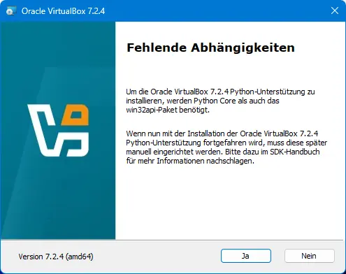 Bild: Hinweis auf nicht installierte Pythin DLL.