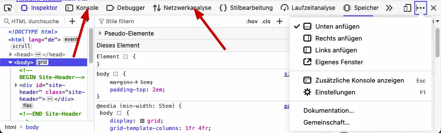 Bild: Entwicklertools mit Pfeilen auf Konsole und Netzwerkanalyse.